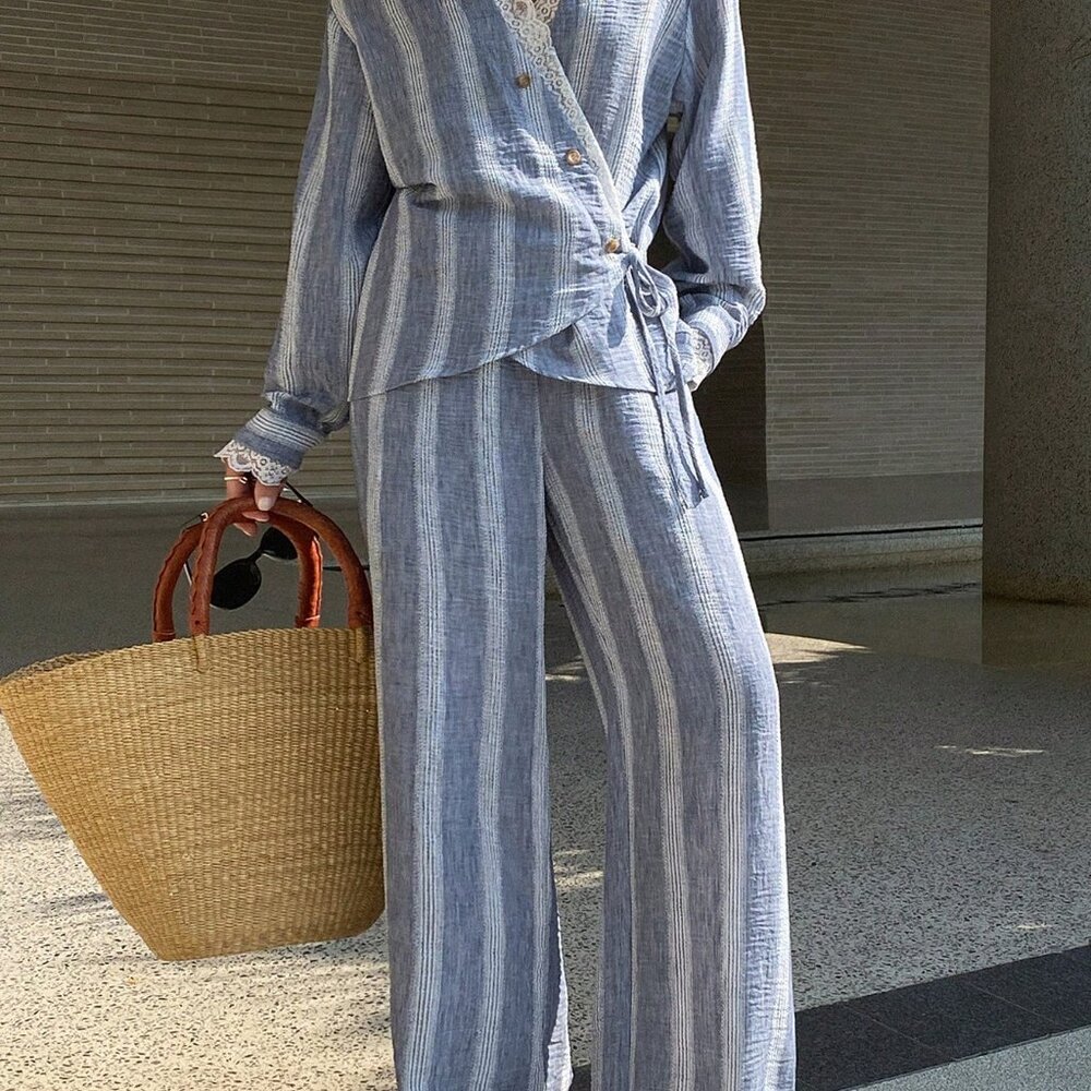 Navy Blue Casual Women's Lace Patchwork Shirt Top And Pants Set - Picture 5 of 7